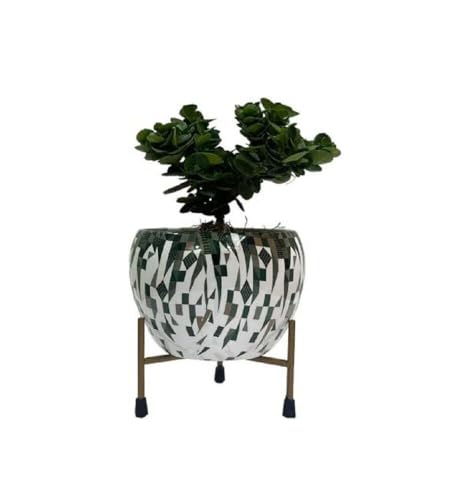 Printed Metal Plant Stand Pot Holder-Indoor Mid Century Modern Plant Holder for House Plants, Home Decor Modern Pot Stand for Indoor Gardening Size 15cm x 15cm x 15cm (White Green)