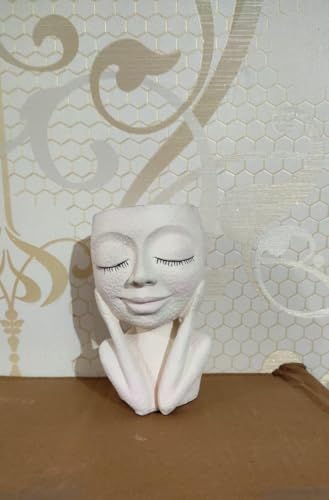 Resin Planter Flower Pot Succulent Head Face Art Vase Planter Girl Face Planter with Drainage Hole, H-16cm w-9cm (Girl Face Planter)