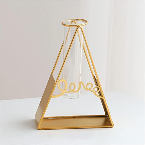 Geometric Triangle Shape with Sign Love Tube Glass Vases Nordic Vase Gold Solid Metal Stand Vase for Home Decor Living Room, Dining Table, Office (Flower Not Included)
