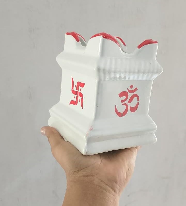 Ceramic Tulsi Planter Pots Square Flower Pot Drainage Hole Plant Indoor Outdoor Holy Basil Planters with Lamp Holder Thulasi Vrindavan Gamla (6.5-inch-White)