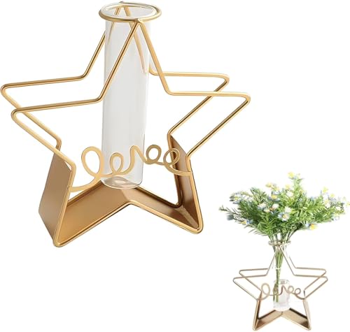 Star Shape Golden Frame Small Tube Glass Vases Nordic Vase Gold Solid Metal Stand Vase for Home Decor Living Room, Dining Table, Office (Flower Not Included)