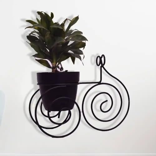 Black Rouded Sweet Rickshaw Planter Nordic Vase Black Metal Pot Stand for Home Decor Living Room, Dining Table, Office (Flower Not Included) Size L-29-W-12-H-22CM