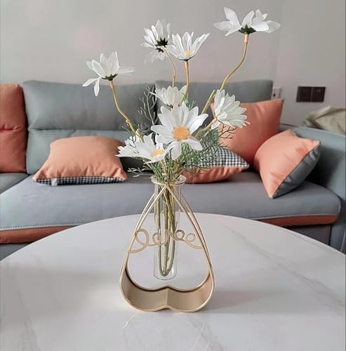 Heart Shape Flower Vase with Love Sign Small Tube Glass Vases Nordic Vase Gold Solid Metal Stand Vase for Home Decor Living Room, Dining Table, Office (Flower Not Included)