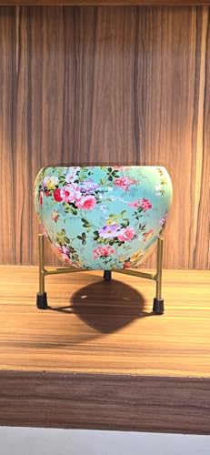 Printed Metal Plant Stand Pot Holder-Indoor Mid Century Modern Plant Holder for House Plants, Home Decor Modern Pot Stand for Indoor Gardening Size 15cm x 15cm x 15cm (Flower Printed)