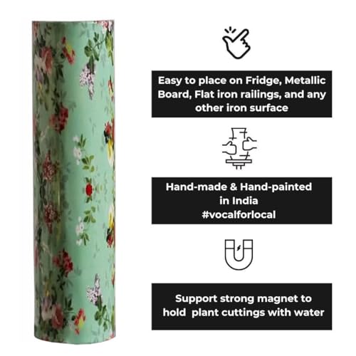 Magnetic Metal Planter for Fridge Plant Holder Vase Rust-Resistant Hydroponic Plant wallstick Vase with Double Magnets for Living Room, / Garden (Green Flower)