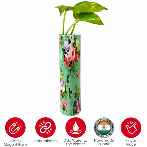 Magnetic Metal Planter for Fridge Plant Holder Vase Rust-Resistant Hydroponic Plant wallstick Vase with Double Magnets for Living Room, / Garden (Green Flower)