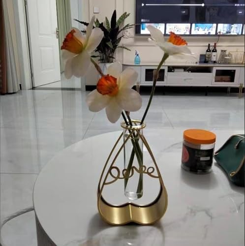 Heart Shape Flower Vase with Love Sign Small Tube Glass Vases Nordic Vase Gold Solid Metal Stand Vase for Home Decor Living Room, Dining Table, Office (Flower Not Included)