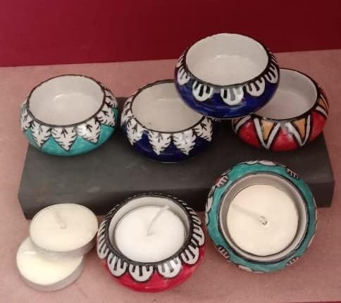 Handcrafted Ceramic Tealight Deepawali Candles Holders Hand Painted Table Top Tea Light Candle Stand for Diwali Decoration with Tea Lights (Printed Multi, Pack of 9)