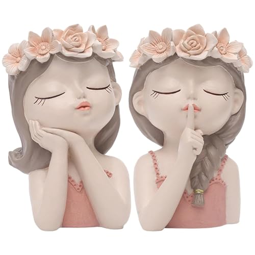Doll Flower Planter (Set of 2) Girl Face Planters Pot Desktop Cartoon Vase Figurine Collectible Bonsai Pot Style C |Home & Garden H-10cm W-5 cm L-5cm