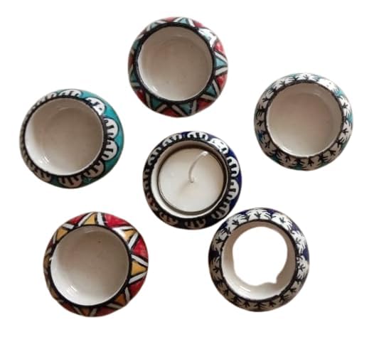 Handcrafted Ceramic Tealight Deepawali Candles Holders Hand Painted Table Top Tea Light Candle Stand for Diwali Decoration with Tea Lights (Printed Multi, Pack of 9)