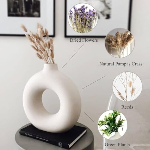 White Donut Vase Hollow Ceramic Vase for Flowers Handmade Minimalist Style Modern Home Decor Round Shape Table Party Living Room Office Bedroom (3 inch Small)