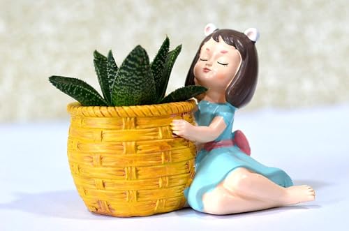 Girl Holding Planter Resin Succulent Planter Indoor Outdoor Pot Decorative Planter, Plant Container Set Indoor Doll Flower Pot for Garden Home Decor (Girl Holding Brown Basket)