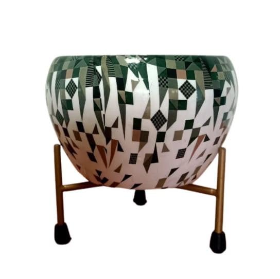 Printed Metal Plant Stand Pot Holder-Indoor Mid Century Modern Plant Holder for House Plants, Home Decor Modern Pot Stand for Indoor Gardening Size 15cm x 15cm x 15cm (White Green)