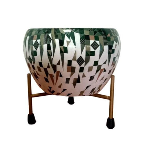 Printed Metal Plant Stand Pot Holder-Indoor Mid Century Modern Plant Holder for House Plants, Home Decor Modern Pot Stand for Indoor Gardening Size 15cm x 15cm x 15cm (White Green)