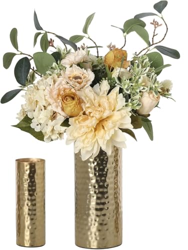 Metal Flower vase for Home Decor and Living Room Hammered Metal Cylinder Flower Vases, Decorative Centerpiece Vases Set of 2 Small and Large