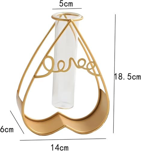 Heart Shape Flower Vase with Love Sign Small Tube Glass Vases Nordic Vase Gold Solid Metal Stand Vase for Home Decor Living Room, Dining Table, Office (Flower Not Included)