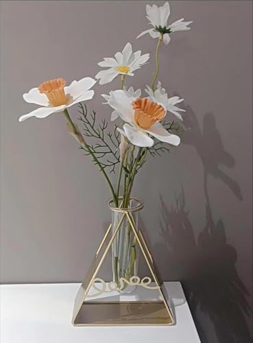 Geometric Triangle Shape with Sign Love Tube Glass Vases Nordic Vase Gold Solid Metal Stand Vase for Home Decor Living Room, Dining Table, Office (Flower Not Included)