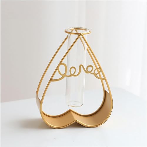Heart Shape Flower Vase with Love Sign Small Tube Glass Vases Nordic Vase Gold Solid Metal Stand Vase for Home Decor Living Room, Dining Table, Office (Flower Not Included)