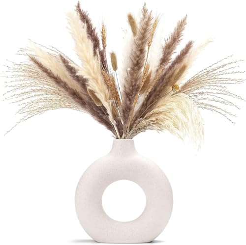 White Donut Vase Hollow Ceramic Vase for Flowers Handmade Minimalist Style Modern Home Decor Round Shape Table Party Living Room Office Bedroom (3 inch Small)