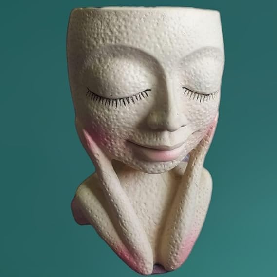 Resin Planter Flower Pot Succulent Head Face Art Vase Planter Girl Face Planter with Drainage Hole, H-16cm w-9cm (Girl Face Planter)