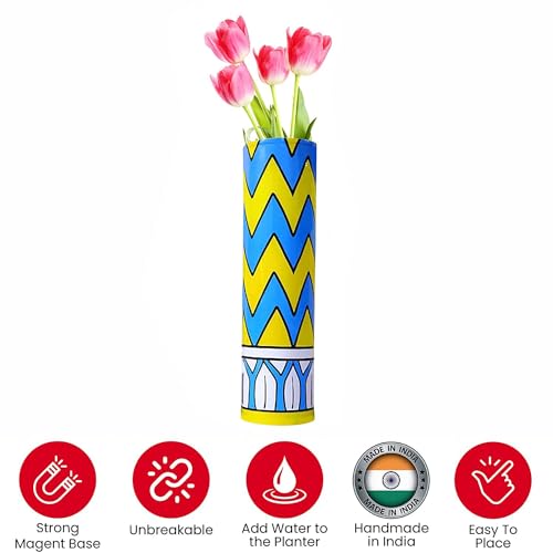 Magnetic Metal Planter for Fridge Plant Holder Vase Rust-Resistant Hydroponic Plant wallstick Vase with Double Magnets for Living Room, / Garden (Yellow Wave)