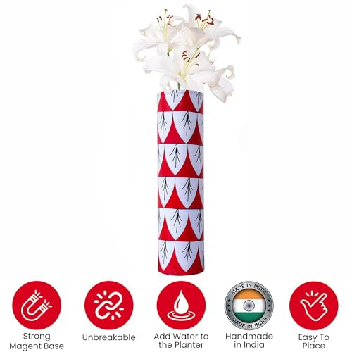 Magnetic Metal Planter for Fridge Plant Holder Vase Rust-Resistant Hydroponic Plant wallstick Vase with Double Magnets for Living Room, / Garden (Red & White)