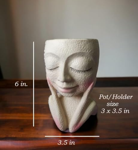 Resin Planter Flower Pot Succulent Head Face Art Vase Planter Girl Face Planter with Drainage Hole, H-16cm w-9cm (Girl Face Planter)