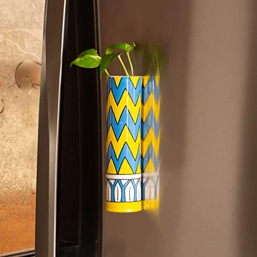 Magnetic Metal Planter for Fridge Plant Holder Vase Rust-Resistant Hydroponic Plant wallstick Vase with Double Magnets for Living Room, / Garden (Yellow Wave)