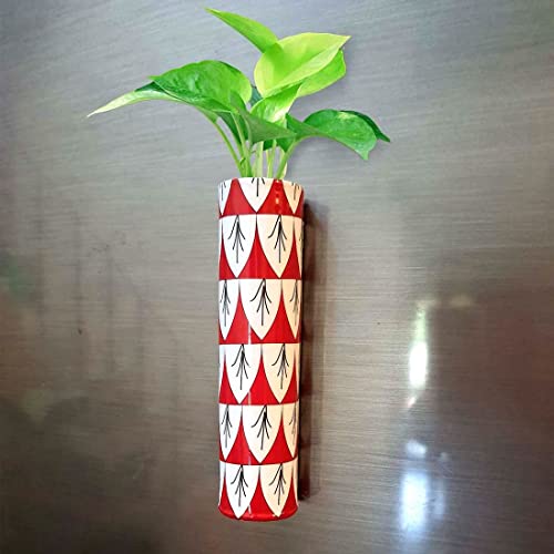 Magnetic Metal Planter for Fridge Plant Holder Vase Rust-Resistant Hydroponic Plant wallstick Vase with Double Magnets for Living Room, / Garden (Red & White)