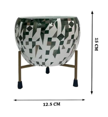 Printed Metal Plant Stand Pot Holder-Indoor Mid Century Modern Plant Holder for House Plants, Home Decor Modern Pot Stand for Indoor Gardening Size 15cm x 15cm x 15cm (White Green)
