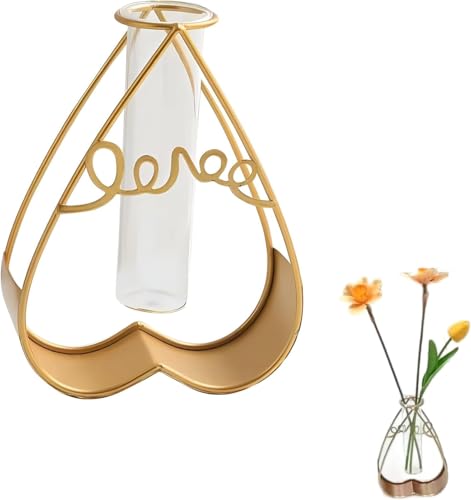 Heart Shape Flower Vase with Love Sign Small Tube Glass Vases Nordic Vase Gold Solid Metal Stand Vase for Home Decor Living Room, Dining Table, Office (Flower Not Included)