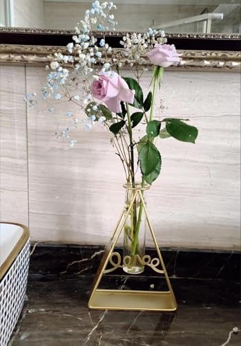 Geometric Triangle Shape with Sign Love Tube Glass Vases Nordic Vase Gold Solid Metal Stand Vase for Home Decor Living Room, Dining Table, Office (Flower Not Included)