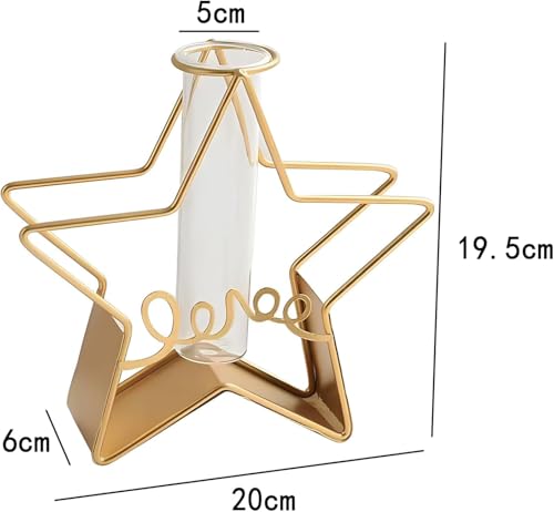 Star Shape Golden Frame Small Tube Glass Vases Nordic Vase Gold Solid Metal Stand Vase for Home Decor Living Room, Dining Table, Office (Flower Not Included)