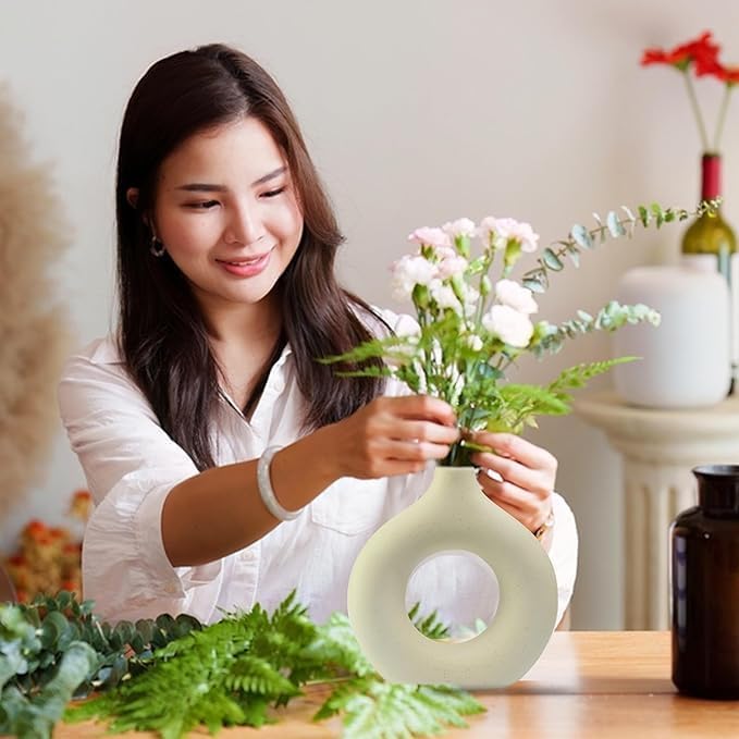 White Donut Vase Hollow Ceramic Vase for Flowers Handmade Minimalist Style Modern Home Decor Round Shape Table Party Living Room Office Bedroom (3 inch Small)