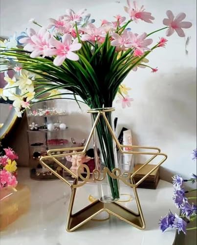 Star Shape Golden Frame Small Tube Glass Vases Nordic Vase Gold Solid Metal Stand Vase for Home Decor Living Room, Dining Table, Office (Flower Not Included)