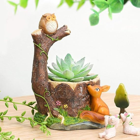Resin Pot Owl & Squirrel Design Animal Planter Brown Color Unique & Trendy Design Succulent Pots| Home|Office Decor Imported Polyresin H-14 cm W-10 cm L-8 cm