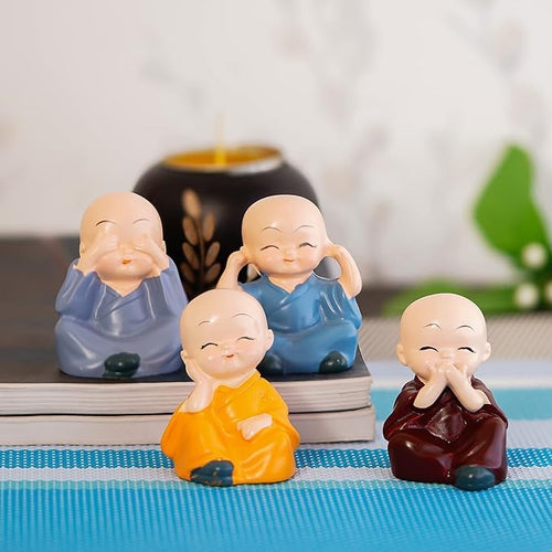 Baby Monk Buddha Set of 4 Pcs., Lord Buddha Idol for House Garden Decor Decorative (Resin, Multicolor) H-4.5 w-3.5