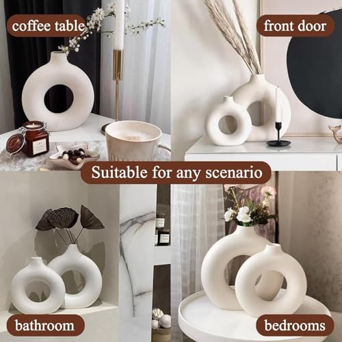 White Donut Vase Hollow Ceramic Vase for Flowers Handmade Minimalist Style Modern Home Decor Round Shape Table Party Living Room Office Bedroom (3 inch Small)