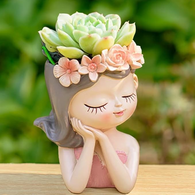 Doll Flower Planter (Set of 2) Girl Face Planters Pot Desktop Cartoon Vase Figurine Collectible Bonsai Pot Style C |Home & Garden H-10cm W-5 cm L-5cm