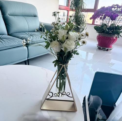 Geometric Triangle Shape with Sign Love Tube Glass Vases Nordic Vase Gold Solid Metal Stand Vase for Home Decor Living Room, Dining Table, Office (Flower Not Included)