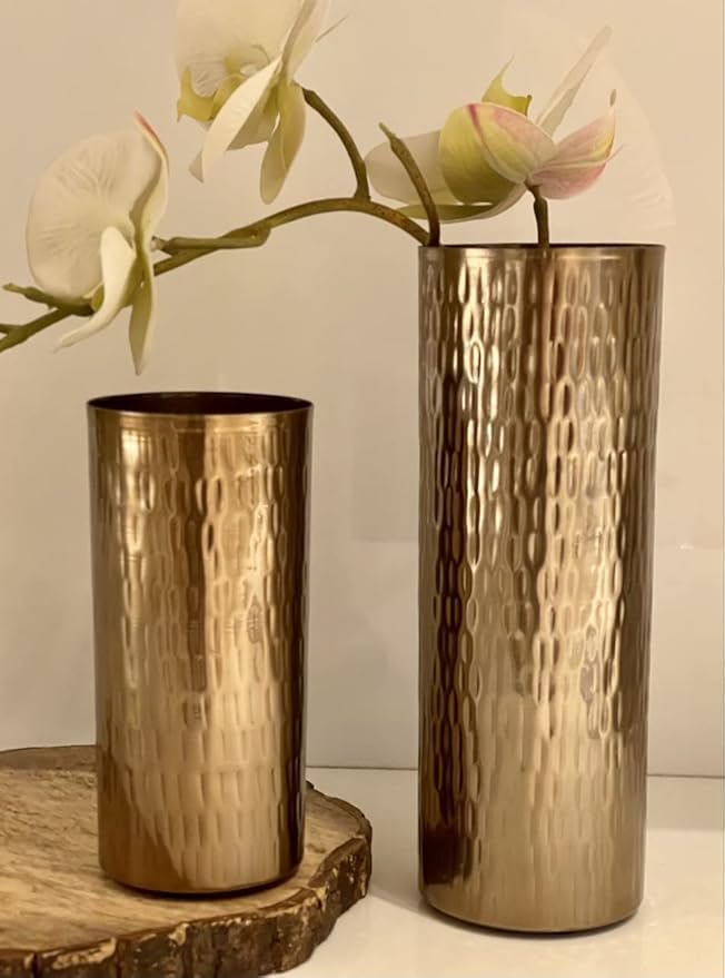 Metal Flower vase for Home Decor and Living Room Hammered Metal Cylinder Flower Vases, Decorative Centerpiece Vases Set of 2 Small and Large