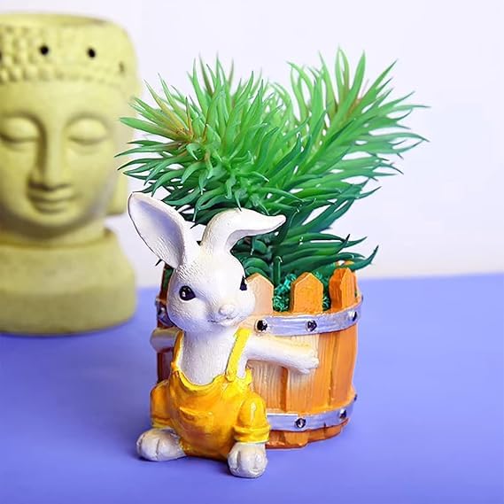 Designer Handcrafted Bunny with Basket Succulent Planter for Indoor Plants Resin Rabbit Planters Table Top Decorative Gardening Pot for Living Room, Home & Office Decoration 14x12x6cm