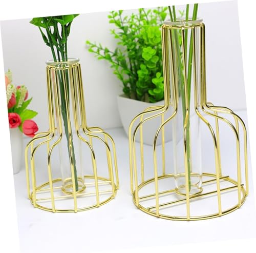 Bottle Golden Frame Small Tube Glass Vases Nordic Vase Gold Solid Metal Stand Vase for Home Decor Living Room, Dining Table, Office (Flower Not Included) Size W-10.5cm L-10.5cm H-15cm