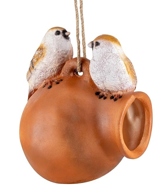 Cute Hanging Hemp Birds Showpiece - Outdoor Garden Decor Items, Balcony Garden Decoration Items, Durable Resin Material, Bird House for Hanging Garden, Pack of 1