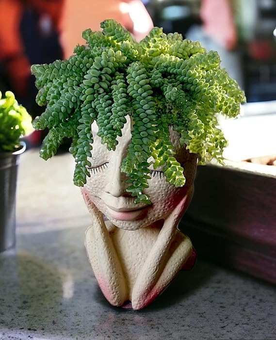 Resin Planter Flower Pot Succulent Head Face Art Vase Planter Girl Face Planter with Drainage Hole, H-16cm w-9cm (Girl Face Planter)