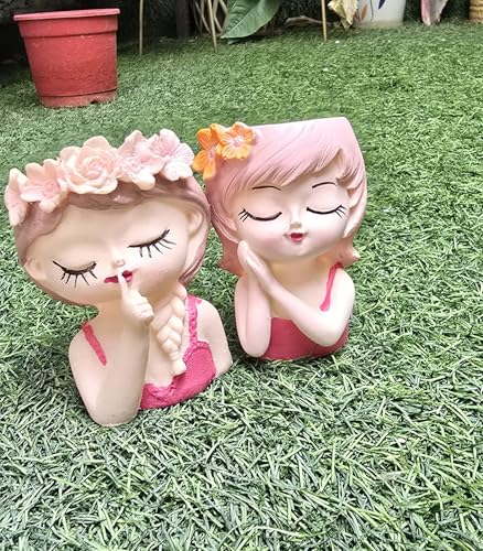 Doll Flower Planter (Set of 2) Girl Face Planters Pot Desktop Cartoon Vase Figurine Collectible Bonsai Pot Style C |Home & Garden H-10cm W-5 cm L-5cm
