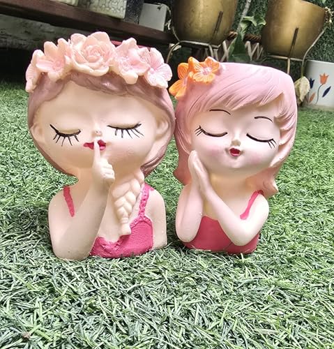 Doll Flower Planter (Set of 2) Girl Face Planters Pot Desktop Cartoon Vase Figurine Collectible Bonsai Pot Style C |Home & Garden H-10cm W-5 cm L-5cm